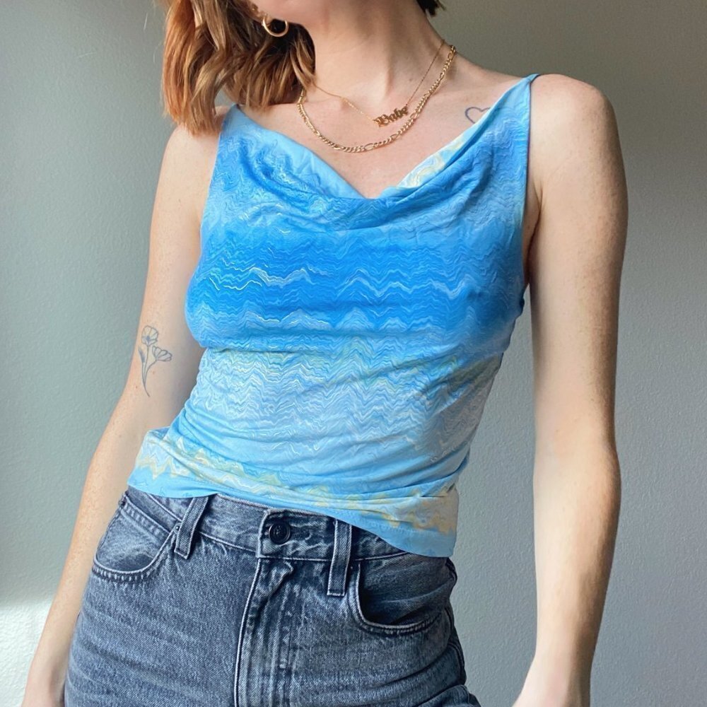 Vintage 90s/Y2K Blue Ombre Marble Printed Cowl Neck Spaghetti Strap Club Top